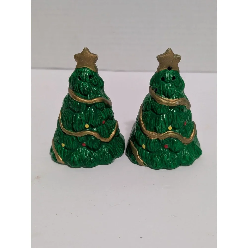 Vintage Green Ceramic Christmas Tree Salt and Pepper Shakers 3 inches